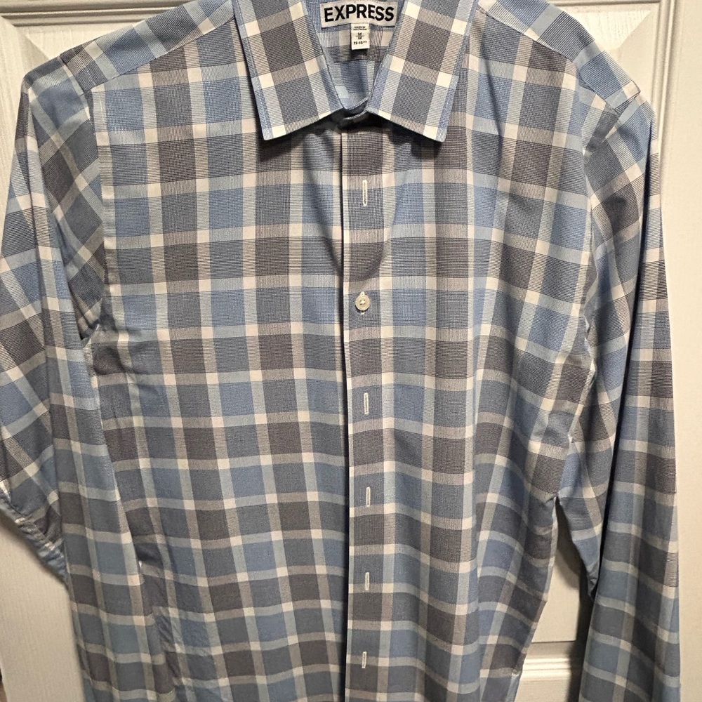Express Men's Light Blue and Gray Checkered Shirt